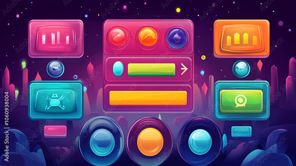 Poster Game design interface with glossy buttons and panels, Vector cartoon set of ui elements different colors, circle buttons with icons, bars, sliders, arrows and login frame