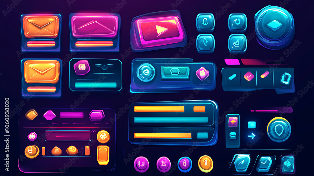 Poster game design interface with glossy buttons and panels, vector cartoon set of ui elements different co
