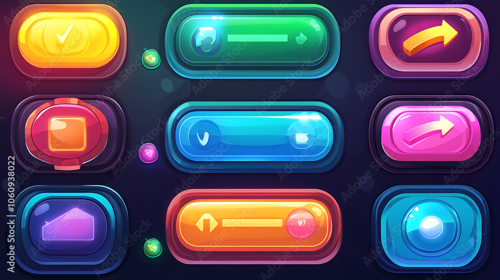Poster game design interface with glossy buttons and panels, vector cartoon set of ui elements different co