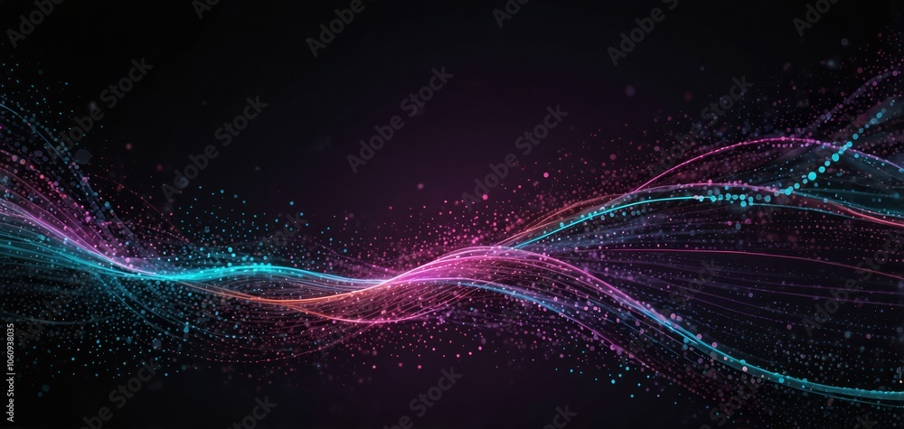 Wall mural big data neon background. technology ai round particles dots banner. artificial intelligence futuris