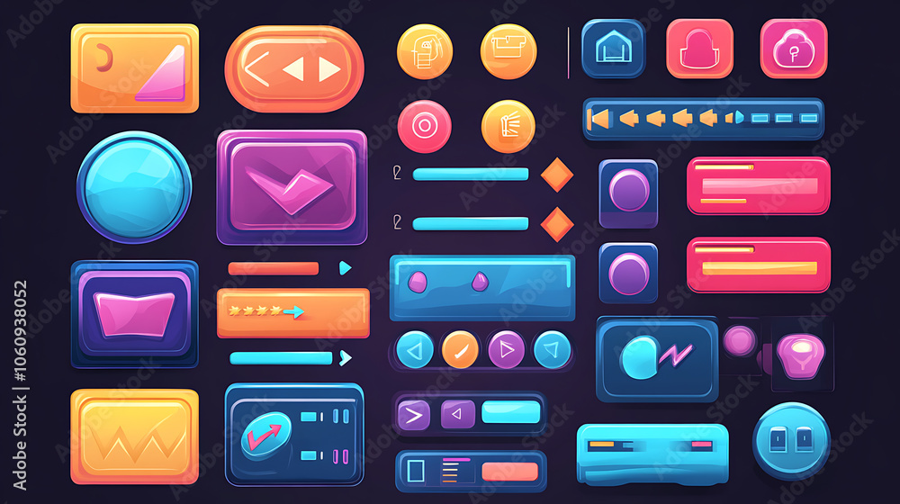 Poster game design interface with glossy buttons and panels, vector cartoon set of ui elements different co
