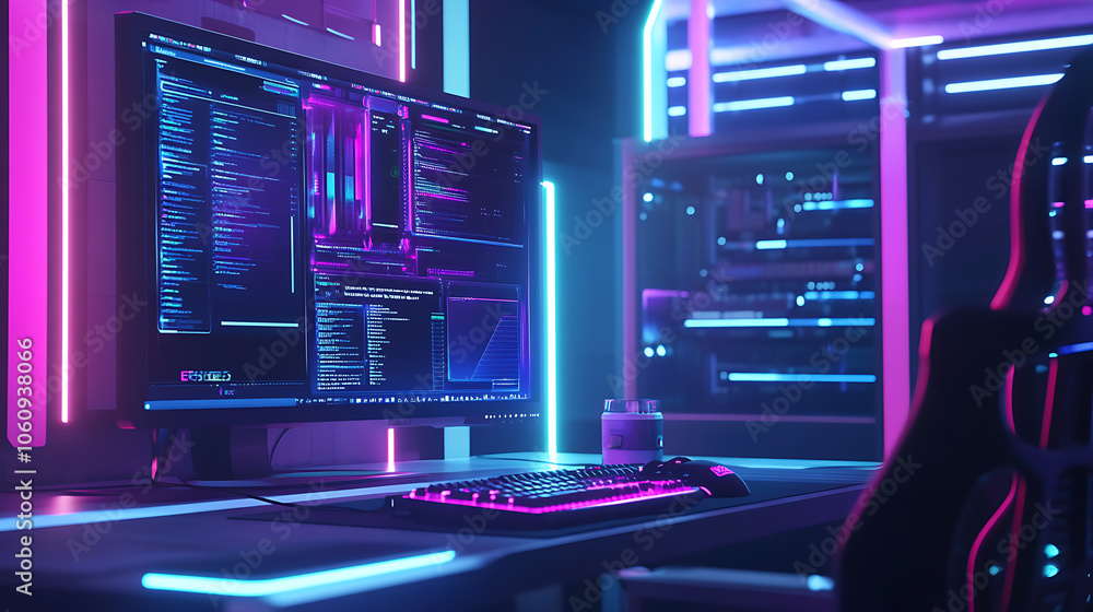 Poster gaming computer on desk in video gamer room with neon lights, gaming pc monitor with abstract interf