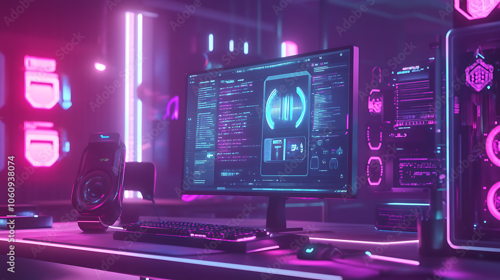 Aufkleber gaming computer on desk in video gamer room with neon lights, gaming pc monitor with abstract interf