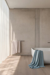 Minimalist bathroom with natural light featuring a modern bathtub and soft towels in a serene space