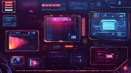 Fototapeta premium Game stream frames, Glow theme for live conference of gaming streamers, hud frame twitch streaming media gamer broadcast webcam box video screen, garish vector illustration of game screen futuristic