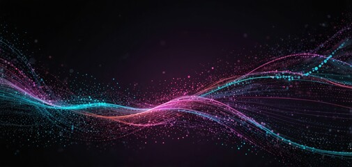 Obraz premium Big data neon background. Technology ai round particles dots banner. Artificial Intelligence futuristic swirl circle connect innovation design