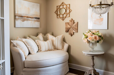Cozy nook with a round snuggle chair, soft pillows, abstract art, and decorative vases in a neutral toned space. Shabby chic french country interior design of modern hall, home entryway