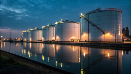 Obraz premium Large biofuel storage tanks illuminated at night, reflecting in water