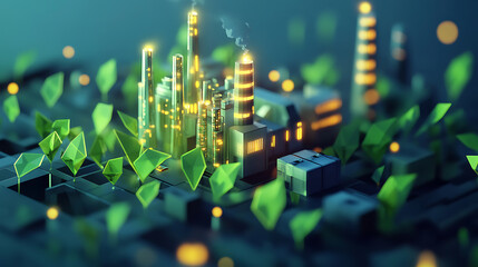 Obraz premium Green industry concept with factory and leaves in futuristic glowing low polygonal style on blue