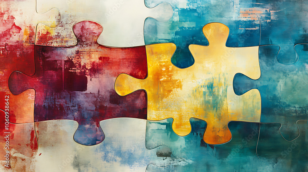 Poster interlocking puzzle pieces with a watercolor texture, symbolizing connection and diversity in a colo