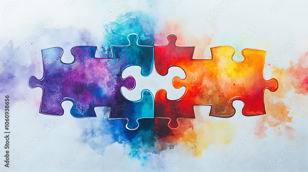 Poster interlocking puzzle pieces with a watercolor texture, symbolizing connection and diversity in a colo