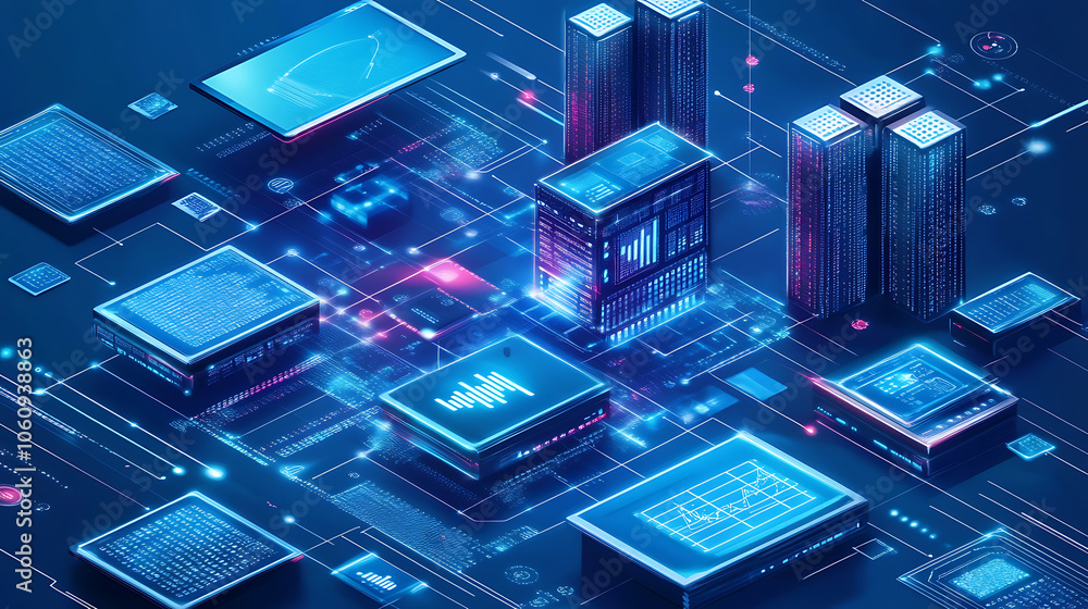 Poster Isometric illustration analysis big data and data stream, Digital datacenter, database, hosting server, cloud storage, PC storage, laptop workstation, Cyber security big data on hosting server, Vector
