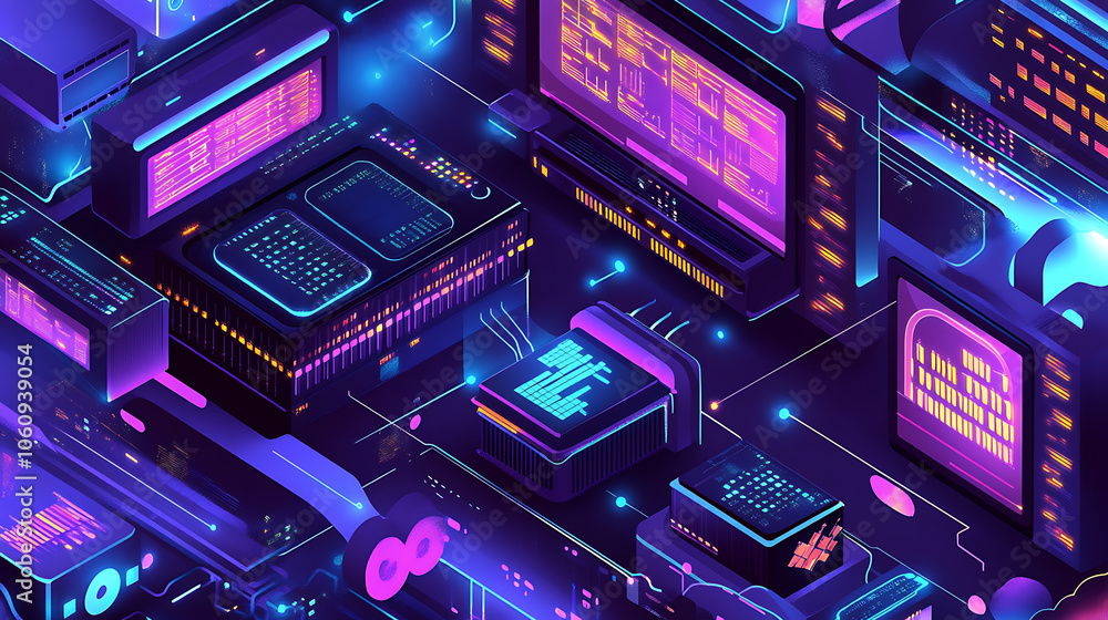 Poster Isometric illustration analysis big data and data stream, Digital datacenter, database, hosting server, cloud storage, PC storage, laptop workstation, Cyber security big data on hosting server, Vector