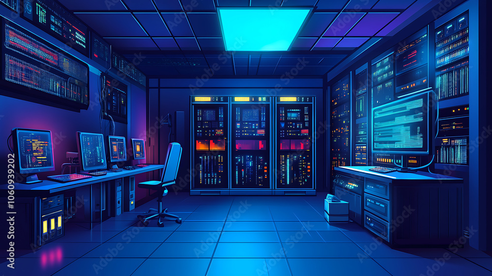 Poster Isometric illustration analysis big data and data stream, Digital datacenter, database, hosting server, cloud storage, PC storage, laptop workstation, Cyber security big data on hosting server, Vector
