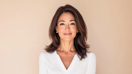 Obraz premium Confident woman poses in a light-colored top against a soft beige background
