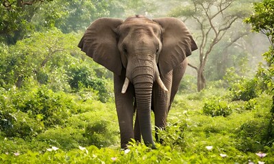 Fototapeta premium close up of elephant against blooming green spring jungle background