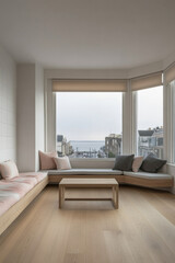 Fototapeta premium A cozy living room with a bay window overlooking the ocean on a cloudy day