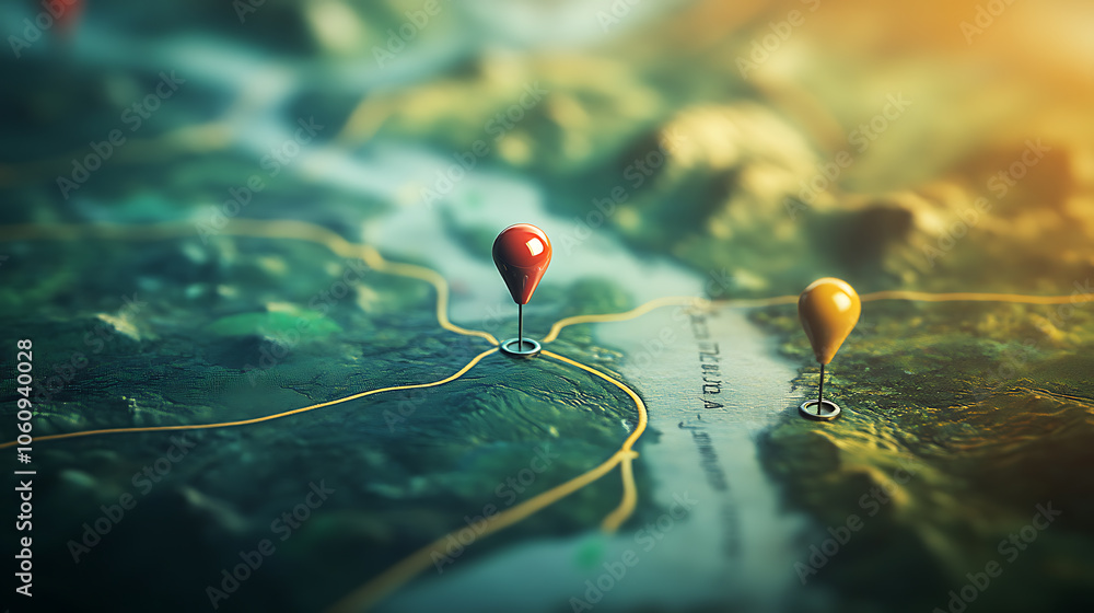 Poster location marking with a pin on a map with routes, find your way, adventure, discovery, navigation, c