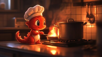 A cute red dragon wearing a chef's hat is cooking on a stove.