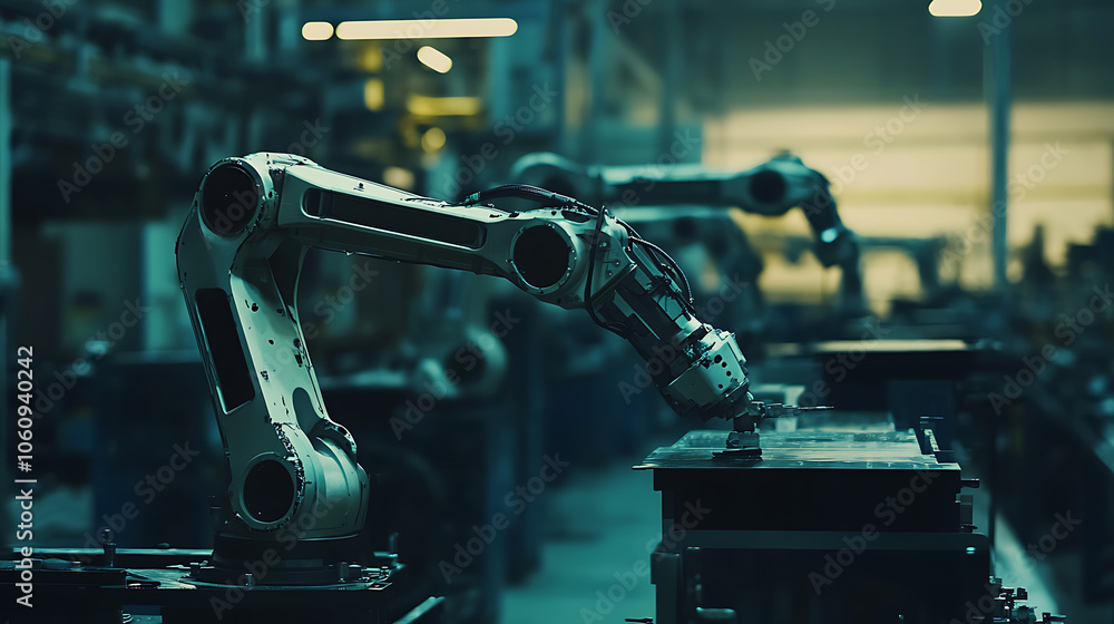 Aufkleber mechanized industry robot and robotic arms for assembly in factory production, concept of artificial