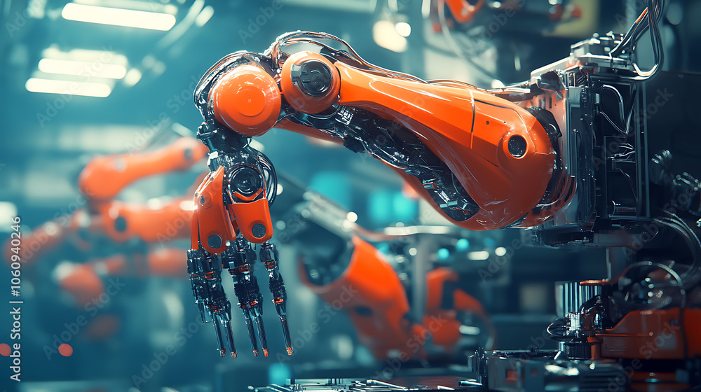 Aufkleber Mechanized industry robot and robotic arms for assembly in factory production, Concept of artificial intelligence for industrial revolution and automation manufacturing process 