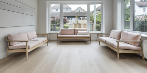 Fototapeta premium Modern living room with pastel-colored sofas and large windows in a suburban home