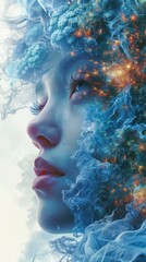 Fototapeta premium A surreal portrait of a girl with an ethereal blue cloud-like hairstyle and glowing features