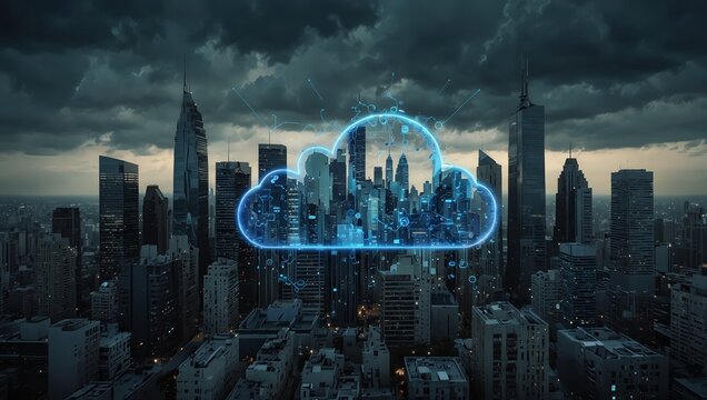 Digital illustration of a cloud icon with circuitry, surrounded by skyscrapers. Blue tones dominate the urban background. Concept of technology and connectivity