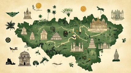 A hand-drawn style map of Tamil Nadu showcasing traditional symbols and landmarks,