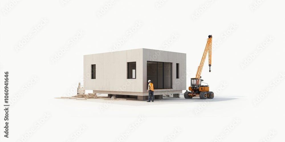 Poster a man is standing next to a crane that is lifting a house. the house is a small, white structure wit