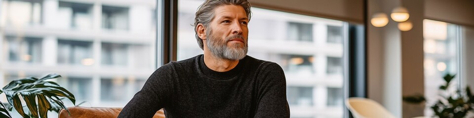 Obraz premium A man with a beard and gray hair is sitting on a couch in a room with a window. He is looking out the window, possibly lost in thought. The room is furnished with a chair and a potted plant