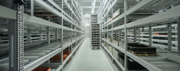 Fototapeta premium High-tech storage facility, automated shelves, organized and clean layout