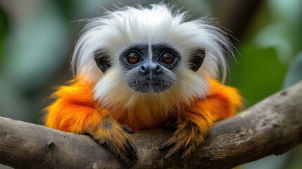 A small, white-faced monkey with orange fur sits on a tree branch, looking directly at the camera.