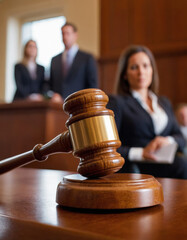 Close-up of a courtroom gavel in focus with a blurred couple in the background, symbolizing relationship decisions, divorce, or legal judgments involving personal and family matters