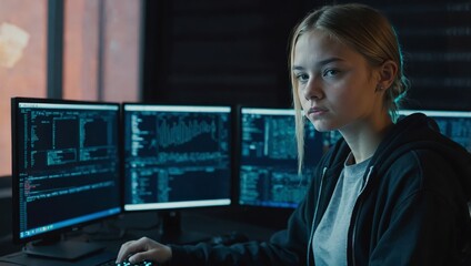 Female Teenage Hacker Sitting In Front Of Computer Screens Bypassing Cyber Security