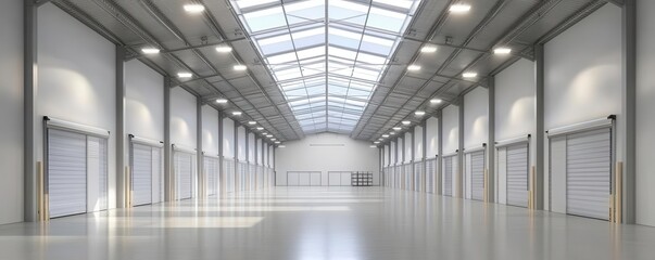Obraz premium Spacious warehouse interior with skylights, clean and bright logistics setup