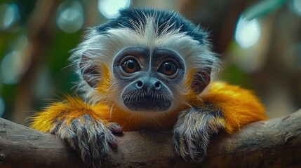 Fototapeta premium A cute yellow and white monkey with big brown eyes looks directly at the camera while perched on a branch in a lush green forest.