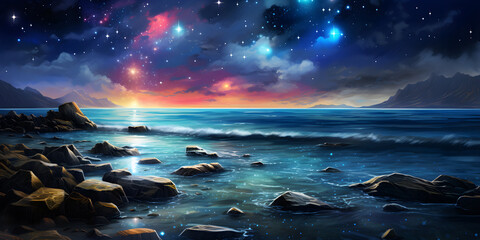 Starry sky beach background full moon beach at night wallpaper starry sky over the sea background night at beach background image