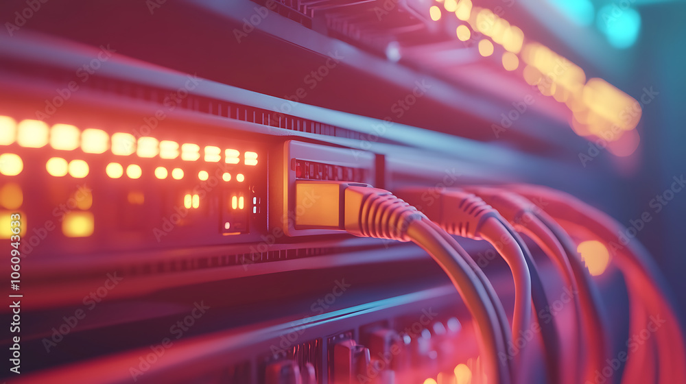 Poster network switch and ethernet cable in rack cabinet, network connection technology and has a status le
