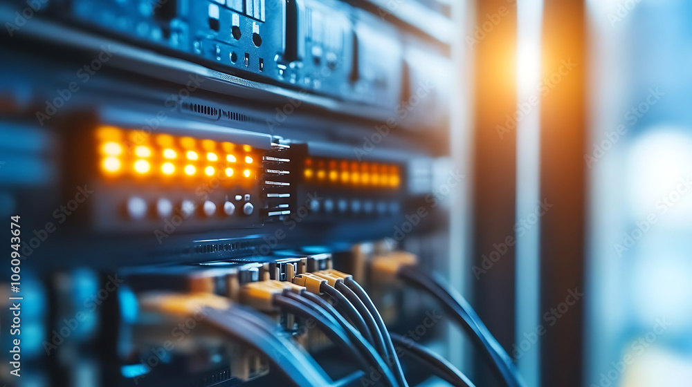 Poster network switch and ethernet cable in rack cabinet, network connection technology and has a status le