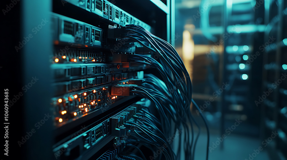 Aufkleber Network switch and ethernet cable in rack cabinet, Network connection technology and has a status LED to show working status, Concept of infrastructure with cables connected to data center