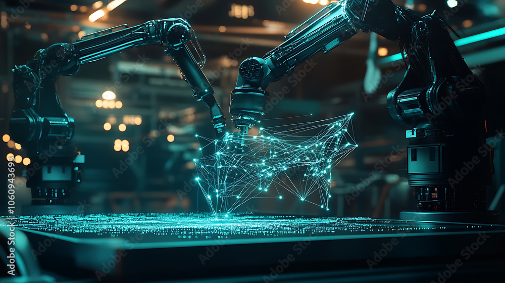 Aufkleber neural network or artificial intelligence in industry 4, 0, robotic arms creates neural network on p