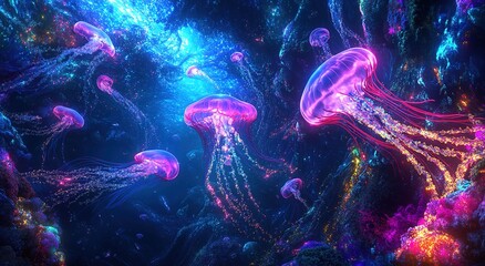 Obraz premium A group of glowing jellyfish floating in the deep sea