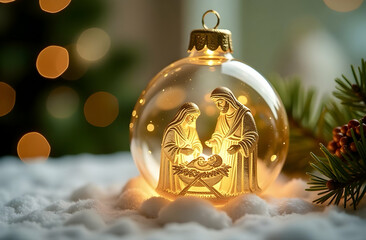 Close-up of a Christmas ornament in the form of a glass sphere with a gold-colored interior, the ornament illuminates the figures of Joseph, Mary and baby Jesus carved in glass. Nativity scene