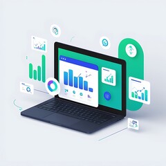Laptop Displaying Various Data Graphs and Charts Surrounded by Related Icons