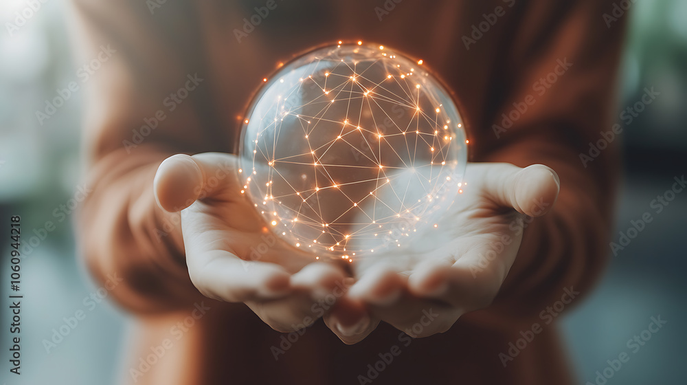 Aufkleber pair of hands holding a transparent globe with digital connections and nodes superimposed over it, r