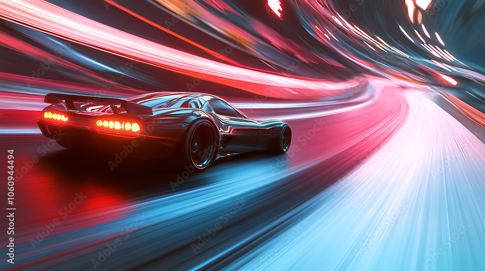 Poster Race car racing on a track with speeding motion blur, 3D Render
