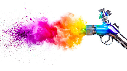 professional chrome metal airbrush acrylic color paint gun tool with colorful rainbow spray holi powder cloud explosion isolated on white panorama background industry art scale model modelling concept