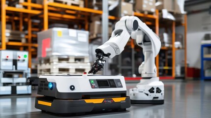 Fototapeta premium Worker adjusting robotic system, seamless warehouse automation, high-tech interior