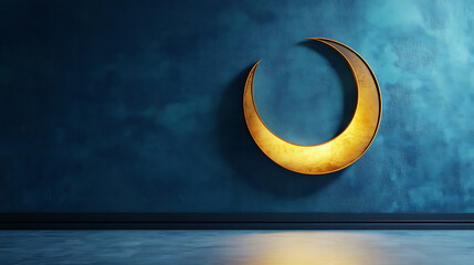 Ramadan crescent on modern blue wall background, Design creative concept of islamic celebration day ramadan kareem or eid al fitr adha, copy space text area, 3D illustration